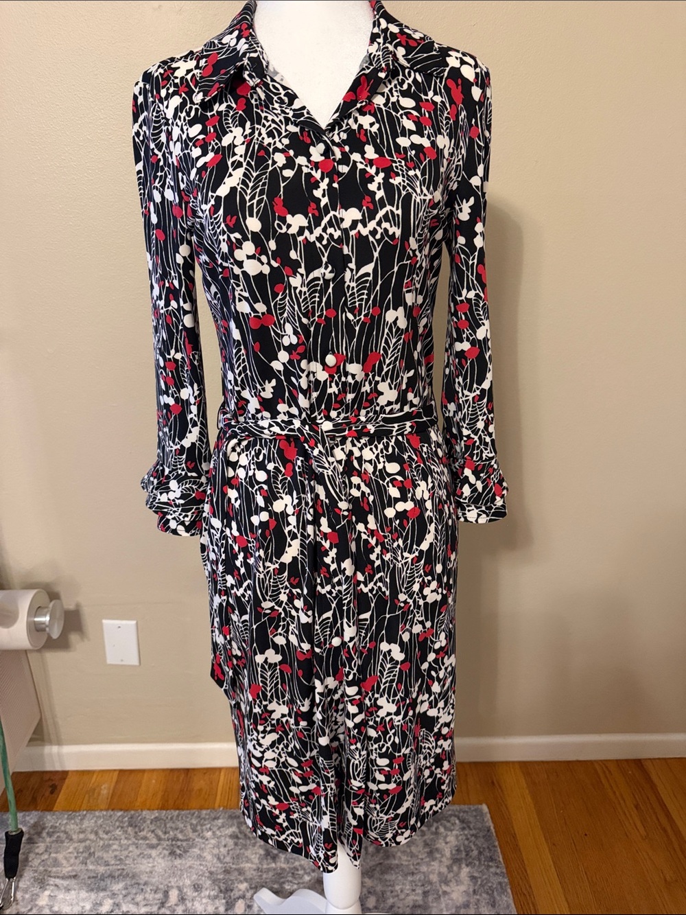 Talbots Black Long-Sleeve Floral Shirt Dress with Red & White Print